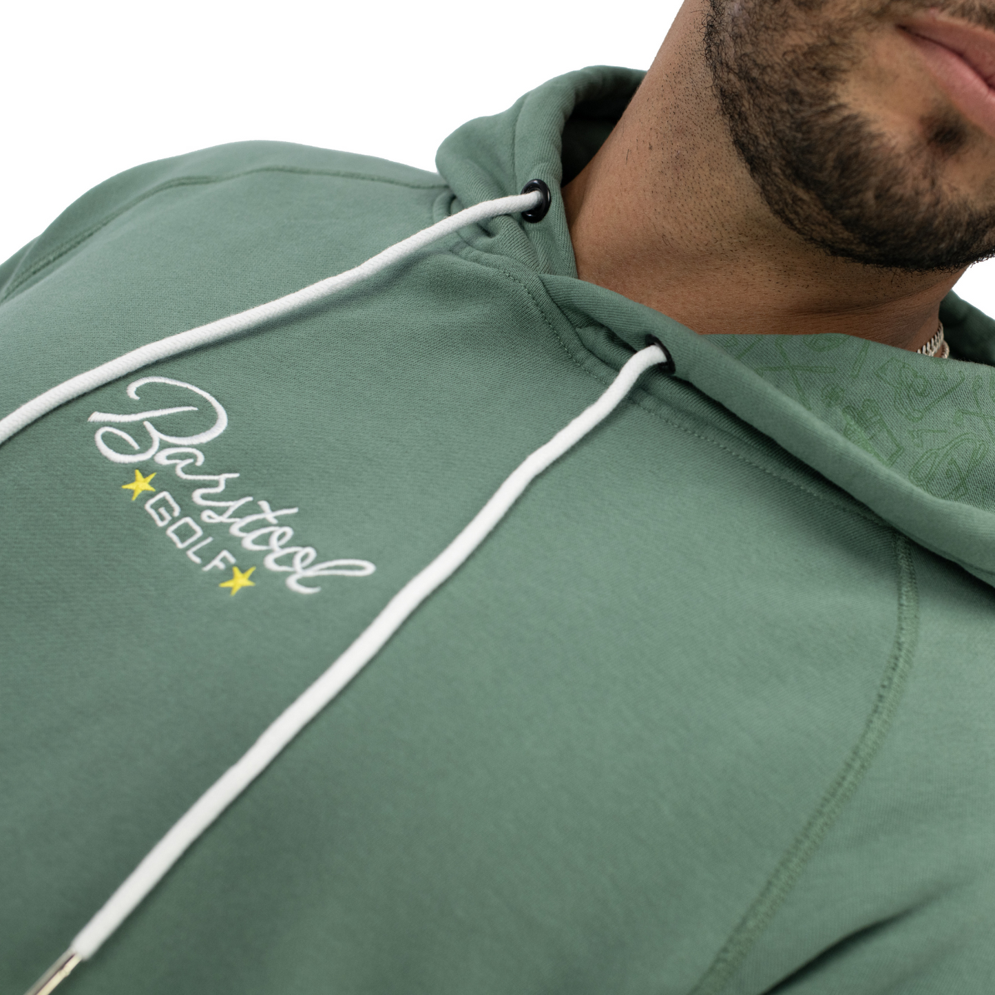 Barstool Golf LPGA Men's Vintage Hoodie in Green - Angled Logo Close Up