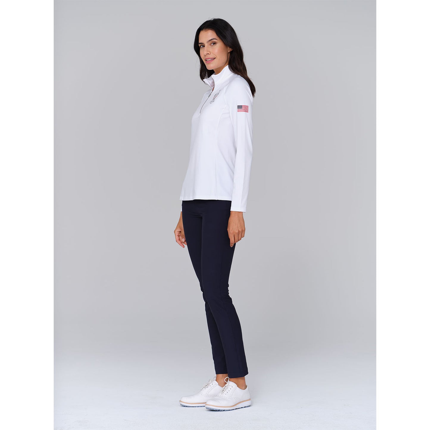 Dunning 2023 LPGA Official Solheim Cup Team Uniform Women's Player Jersey Performance Quarter Zip in White - Lifestyle Angled Left Side View