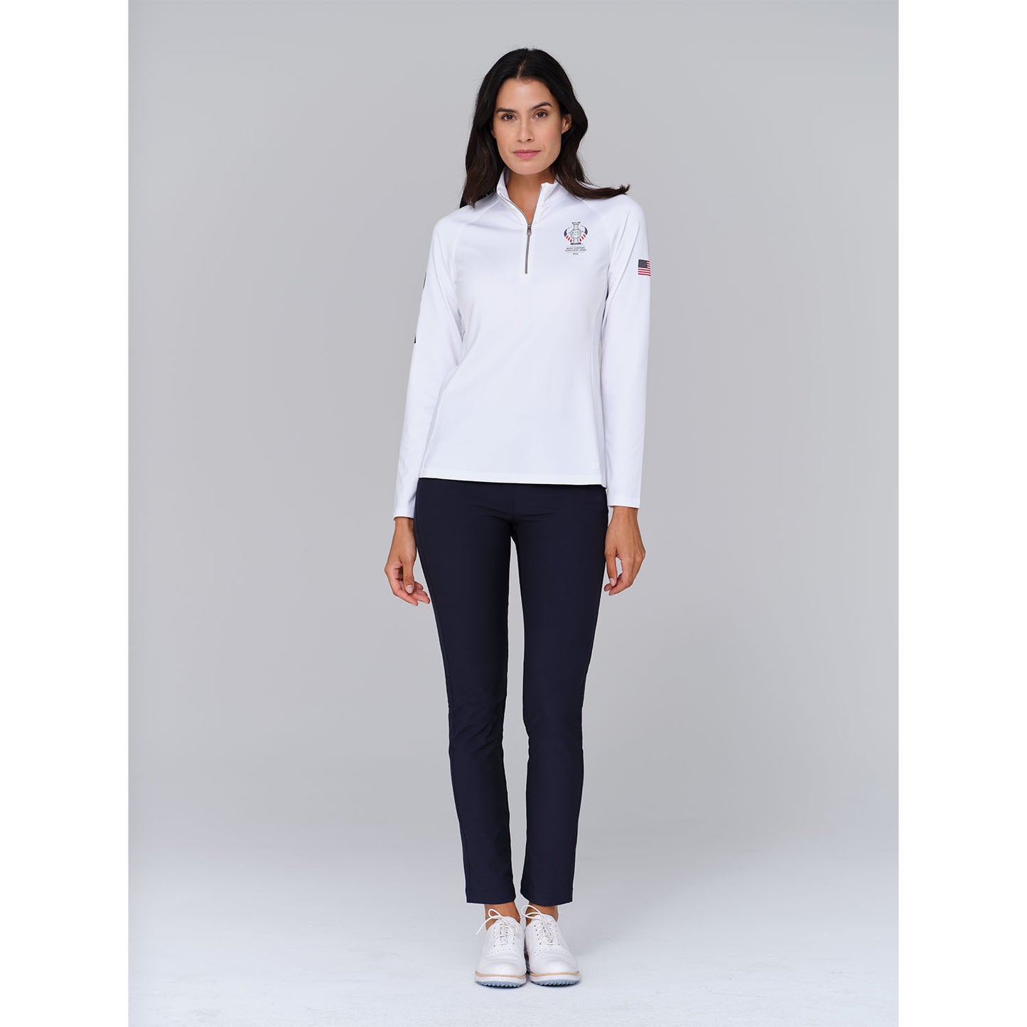 Dunning 2023 LPGA Official Solheim Cup Team Uniform Women's Player Jersey Performance Quarter Zip in White - Lifestyle Front View