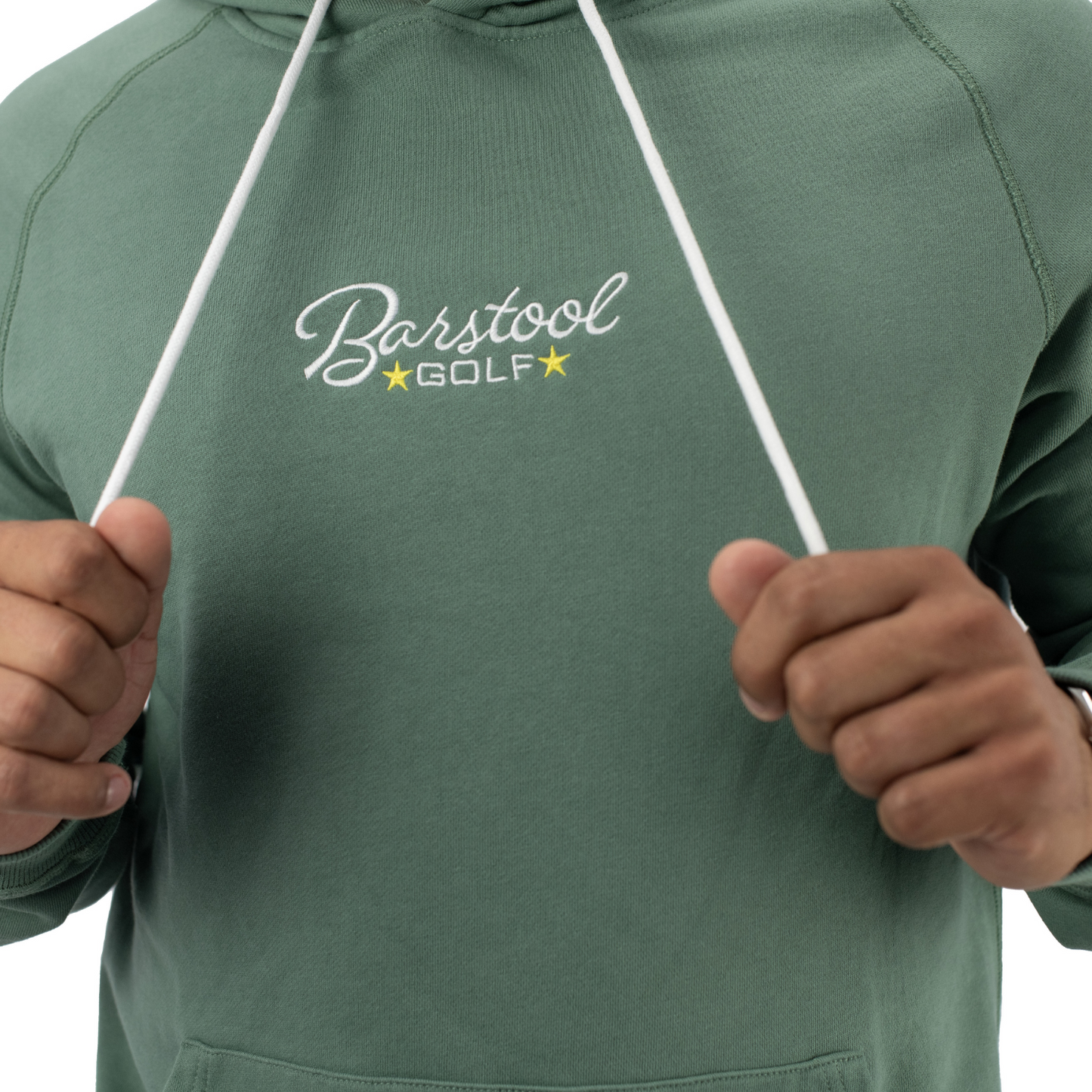 Barstool Golf LPGA Men's Vintage Hoodie in Green - Modeled Logo Close Up