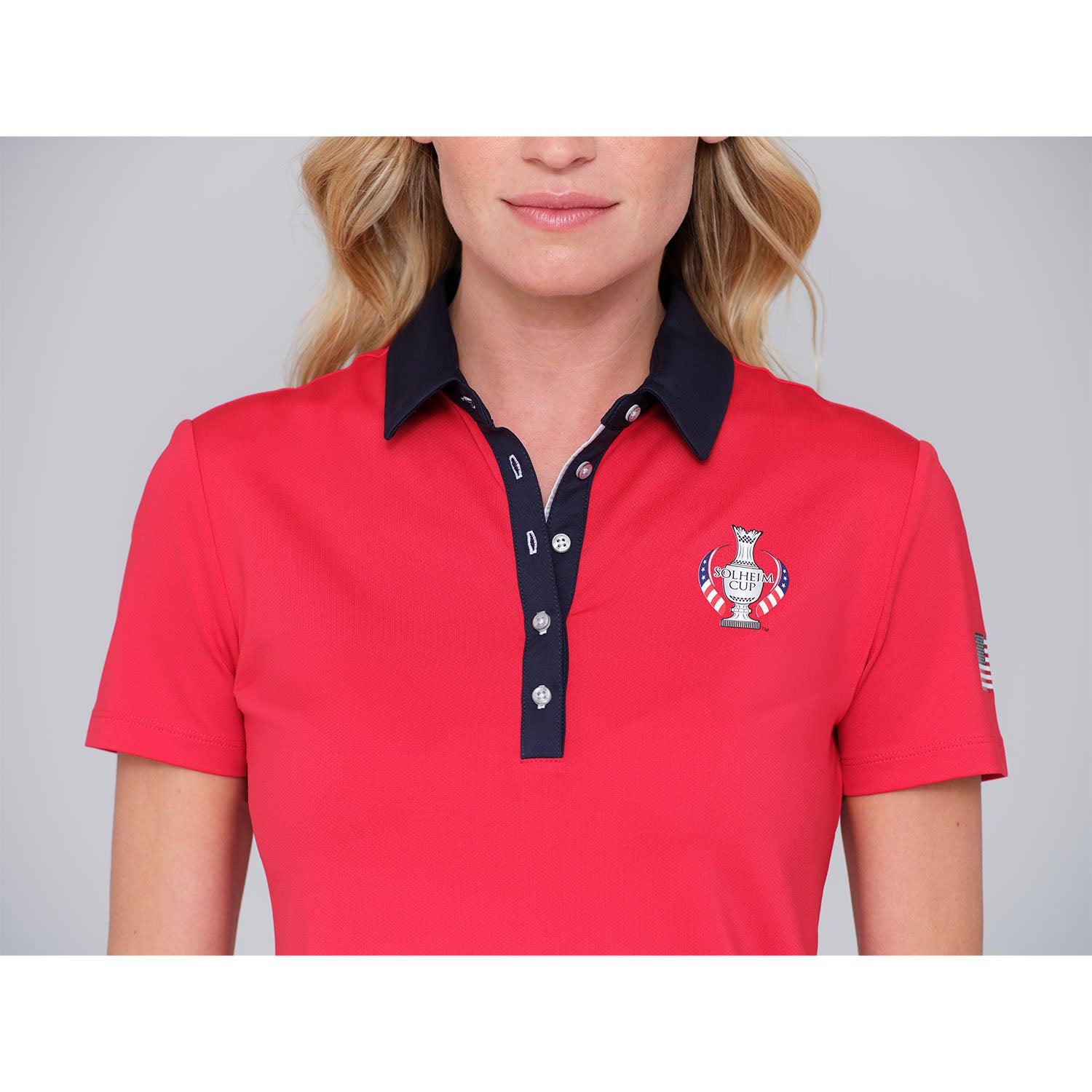Dunning 2023 LPGA Official Solheim Cup Team Uniform Women's Short Sleeve Performance Polo in Glory / Halo - Lifestyle Zoomed in Front View