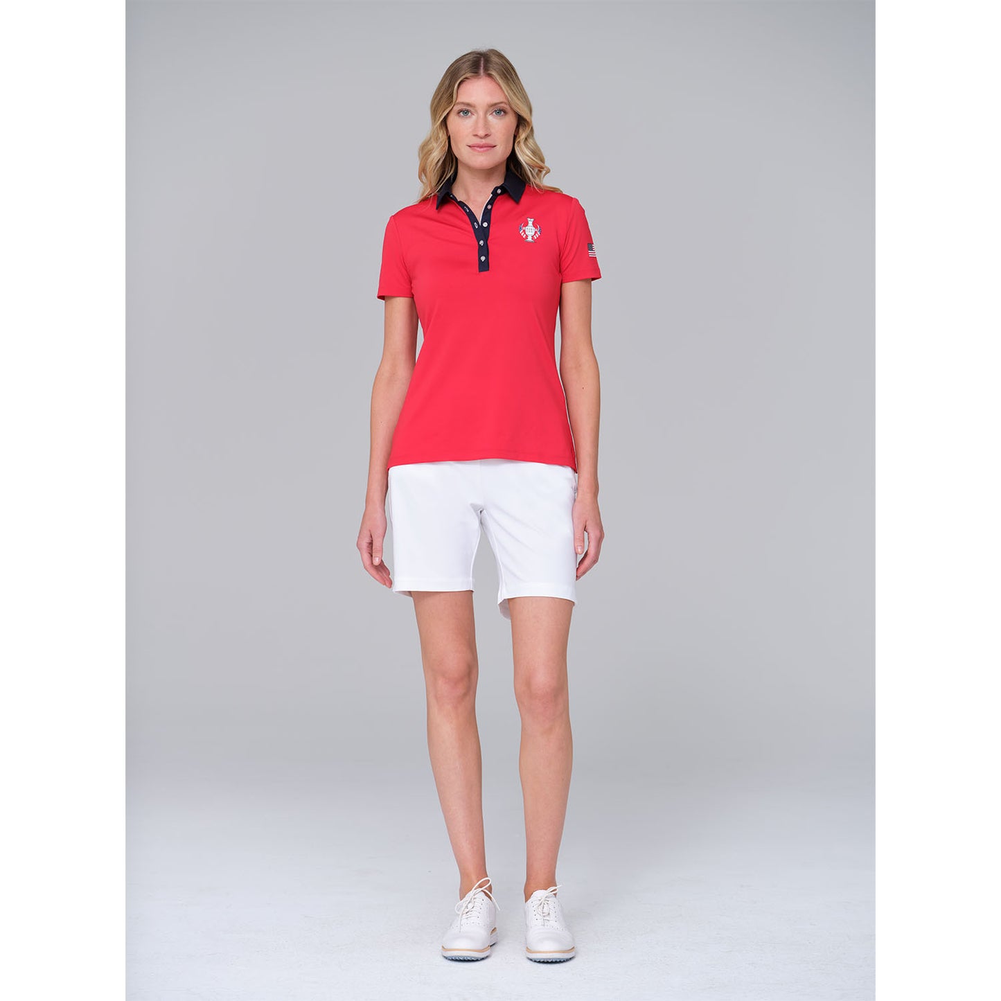 Dunning 2023 LPGA Official Solheim Cup Team Uniform Women's Short Sleeve Performance Polo in Glory / Halo - Front View