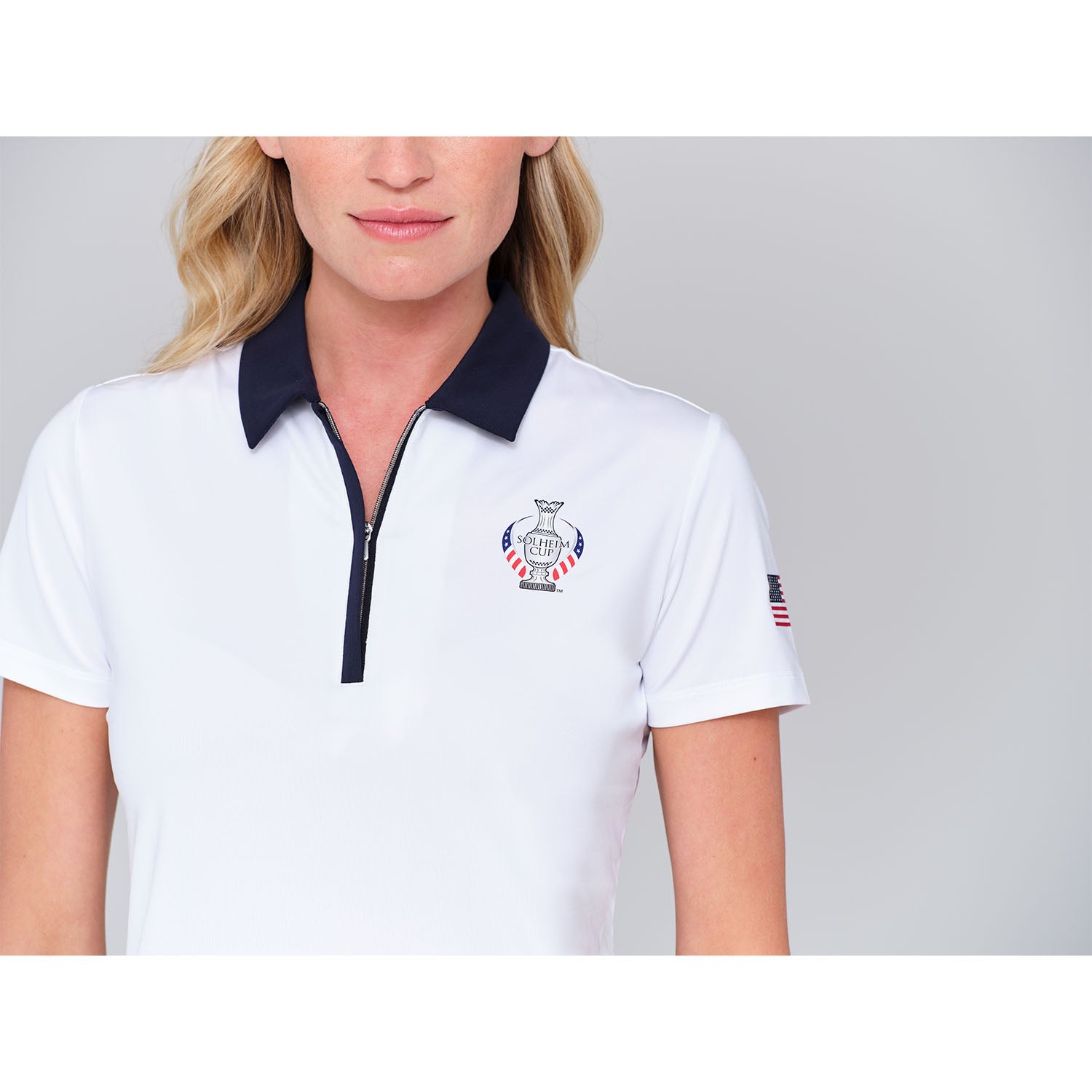 Dunning 2023 LPGA Official Solheim Cup Team Uniform Women's Short Sleeve Performance Polo in White - Lifestyle Zoomed in Front View