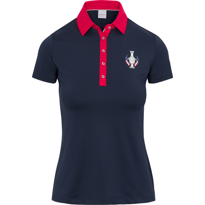 Dunning 2023 LPGA Official Solheim Cup Team Uniform Women's Short Sleeve Performance Polo in Halo / Glory - Front View