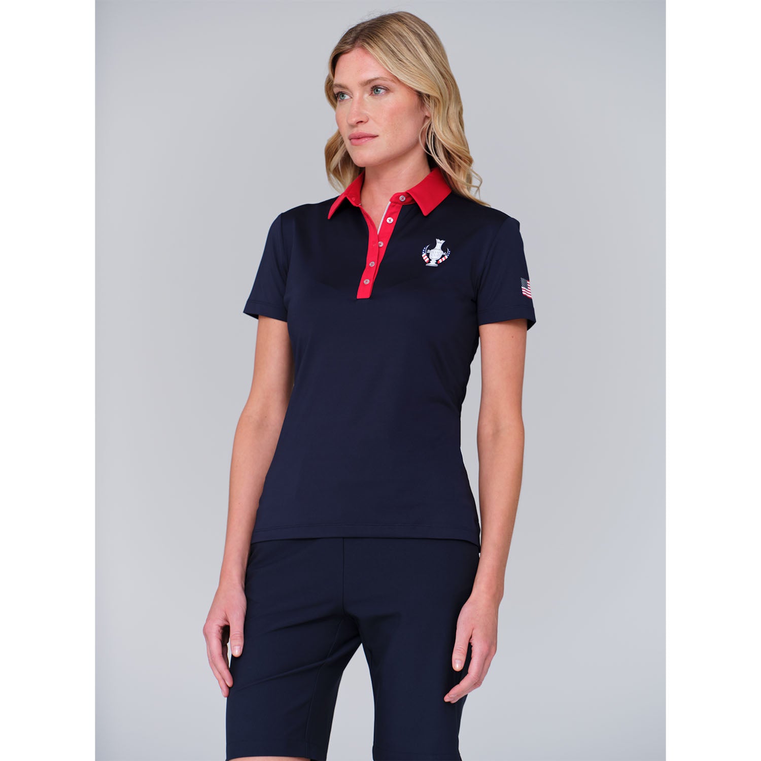 Dunning 2023 LPGA Official Solheim Cup Team Uniform Women's Short Sleeve Performance Polo in Halo / Glory - Lifestyle Front View