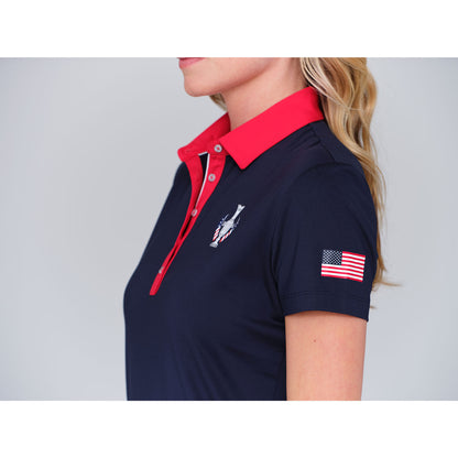 Dunning 2023 LPGA Official Solheim Cup Team Uniform Women's Short Sleeve Performance Polo in Halo / Glory - Lifestyle Zoomed in Angled Left Side View