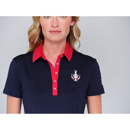 Dunning 2023 LPGA Official Solheim Cup Team Uniform Women's Short Sleeve Performance Polo in Halo / Glory - Lifestyle Zoomed in Front View