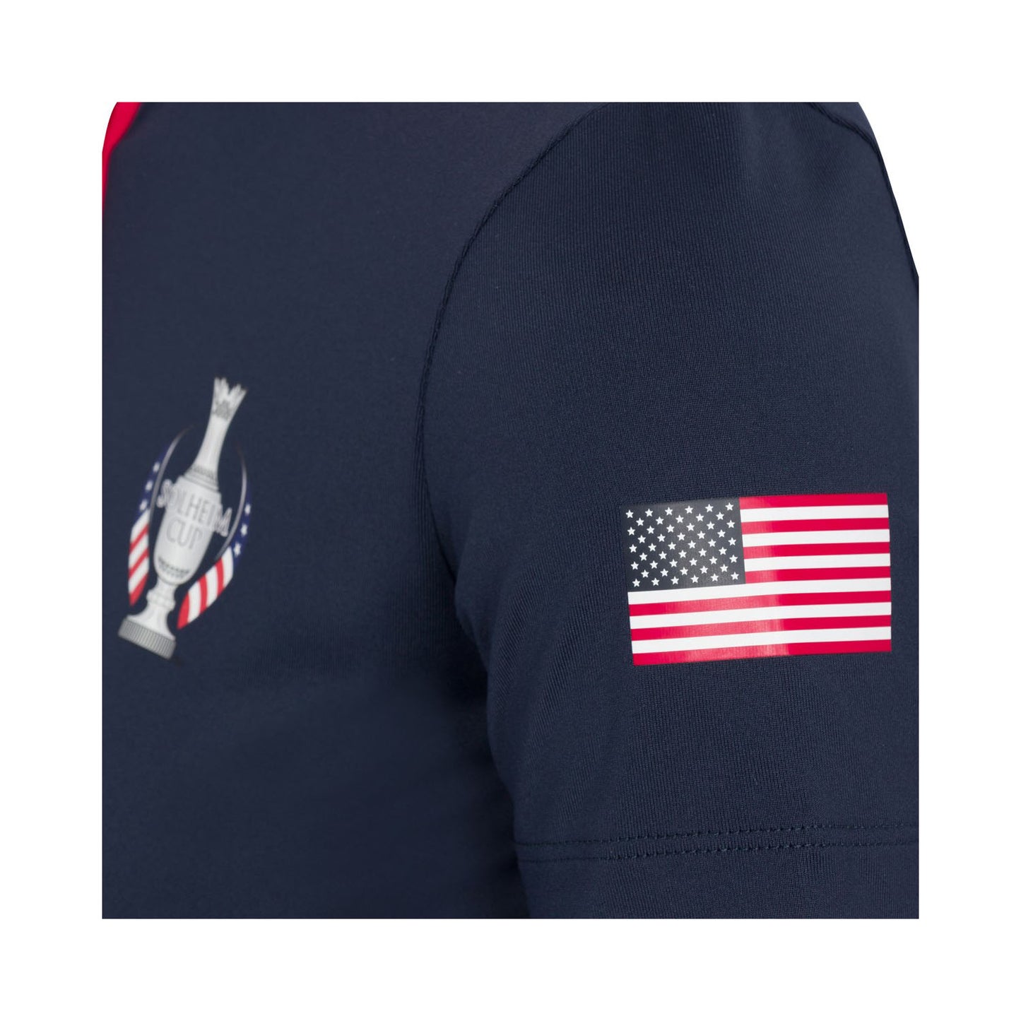Dunning 2023 LPGA Official Solheim Cup Team Uniform Women's Short Sleeve Performance Polo in Halo / Glory - Lifestyle Zoomed in Left Side Patch View
