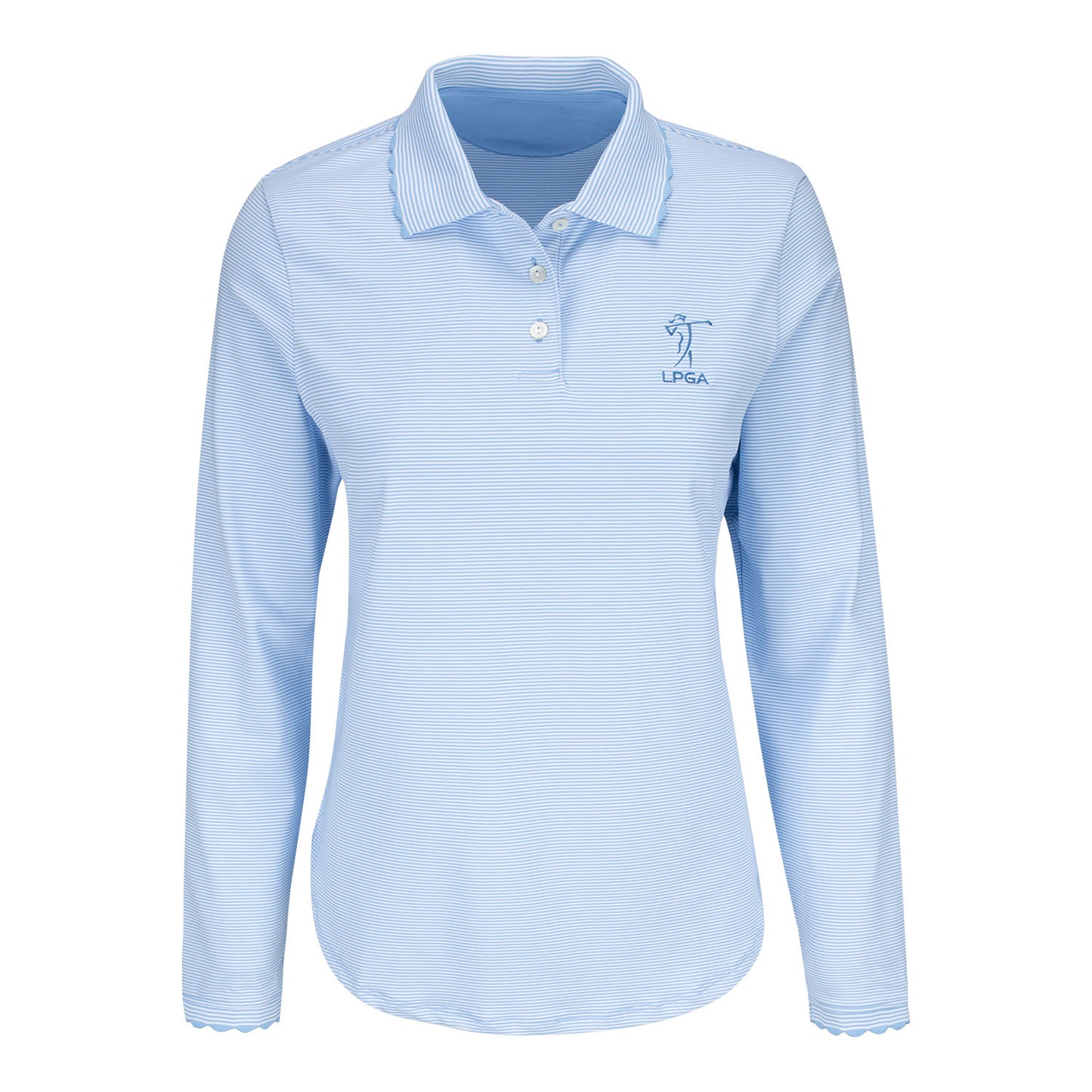 Peter Millar LPGA Women's Opal Stretch Long Sleeve Polo in Cottage Blue / White - Front View