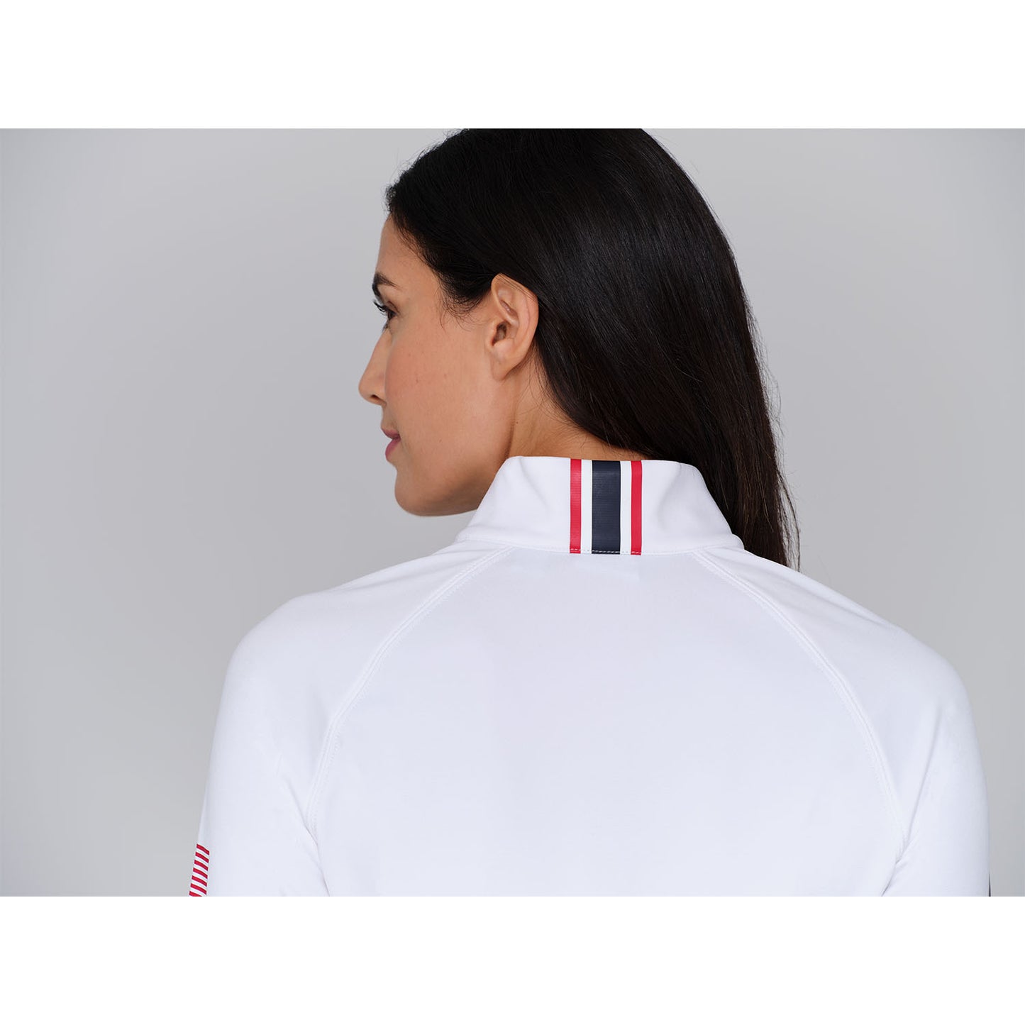 Dunning 2023 LPGA Official Solheim Cup Team Uniform Women's Player Jersey Performance Quarter Zip in White - Zoomed in Lifestyle Back Top View