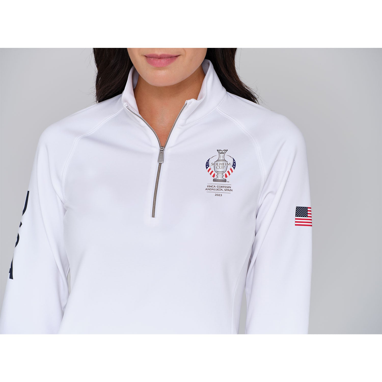 Dunning 2023 LPGA Official Solheim Cup Team Uniform Women's Player Jersey Performance Quarter Zip in White - Zoomed in Lifestyle Front View