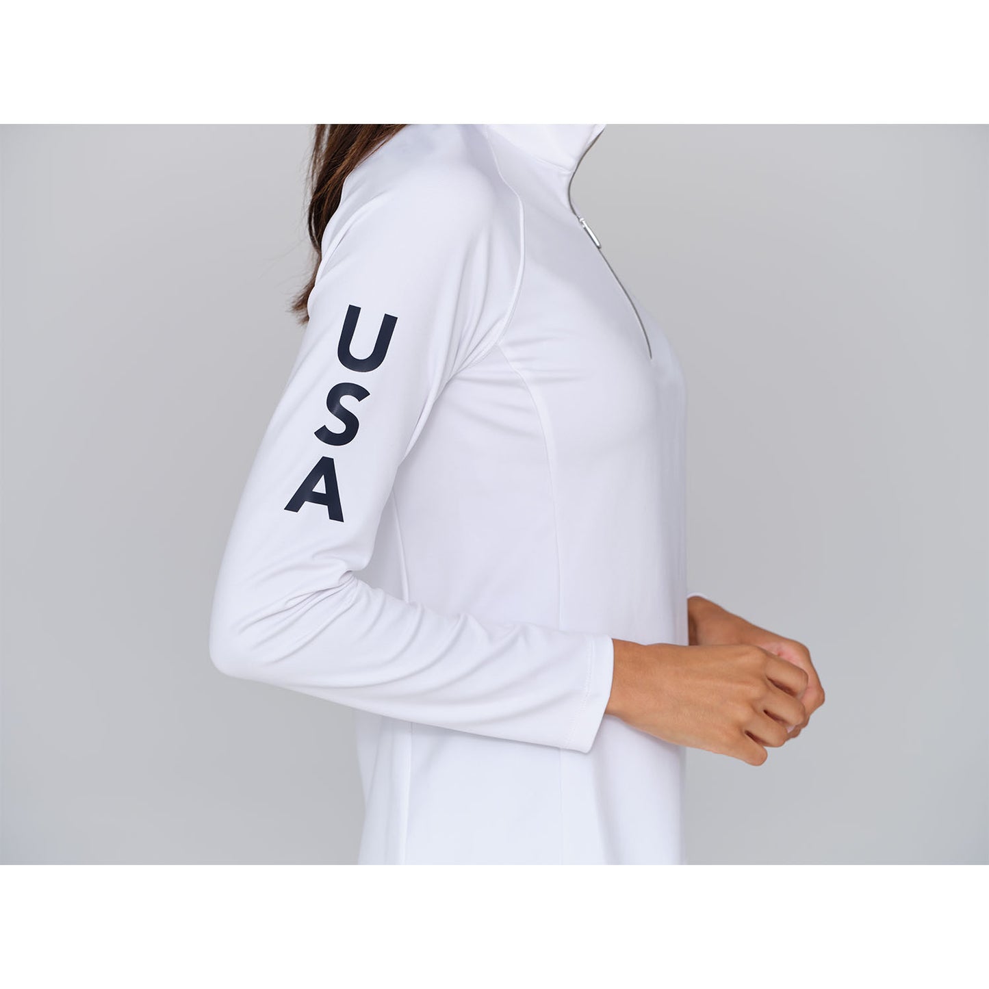 Dunning 2023 LPGA Official Solheim Cup Team Uniform Women's Player Jersey Performance Quarter Zip in White - Zoomed in Lifestyle Right Side View