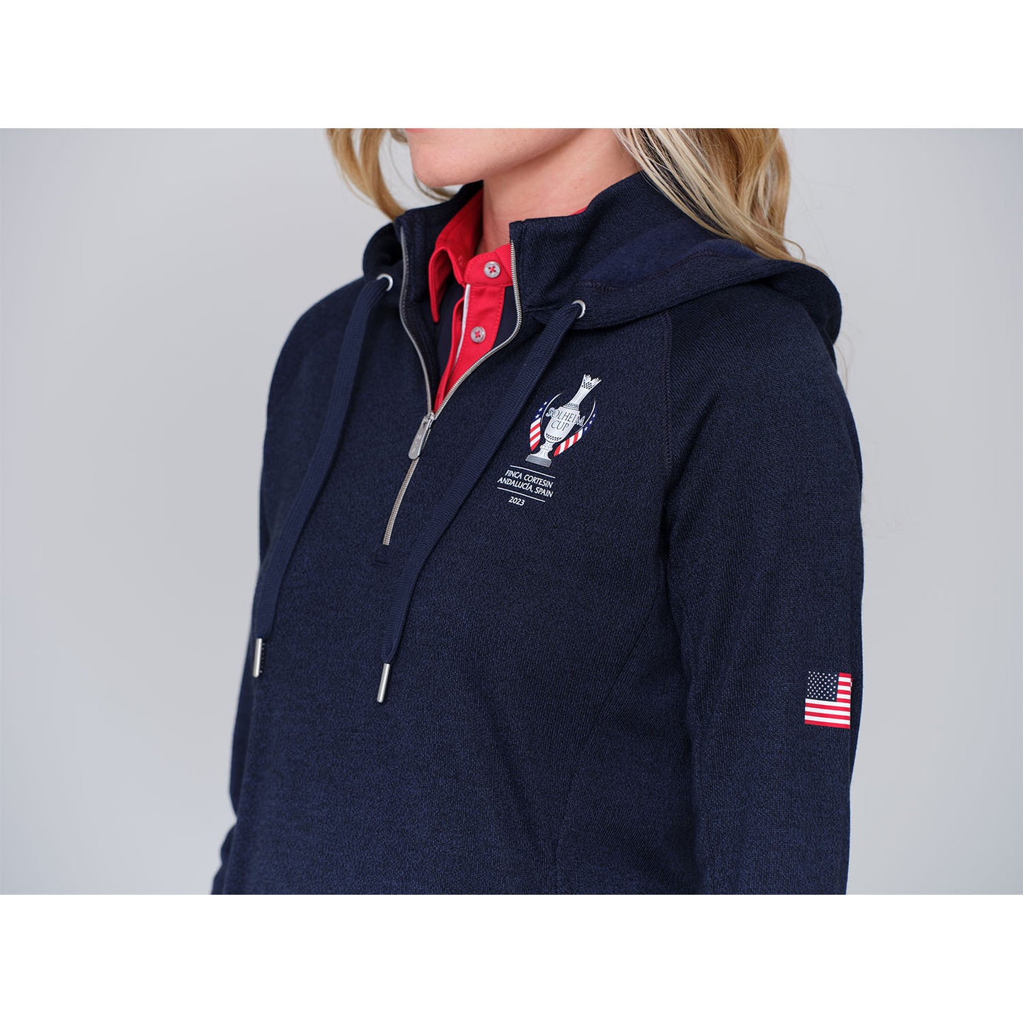Dunning 2023 LPGA Official Solheim Cup Team Uniform Women's Quarter Zip Hoodie in Halo Heather - Lifestyle Zoomed in Angled Left Side View