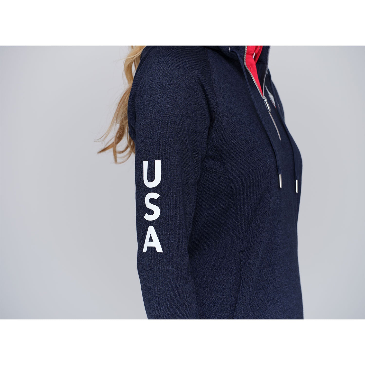 Dunning 2023 LPGA Official Solheim Cup Team Uniform Women's Quarter Zip Hoodie in Halo Heather - Lifestyle Zoomed in Right Side View