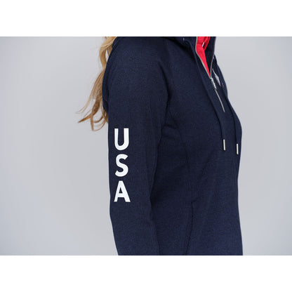 Dunning 2023 LPGA Official Solheim Cup Team Uniform Women's Quarter Zip Hoodie in Halo Heather - Lifestyle Zoomed in Right Side View